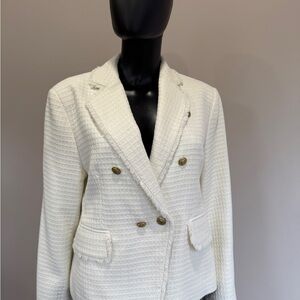 Ivory Double-Breasted Tweed Blazer with Gold Buttons